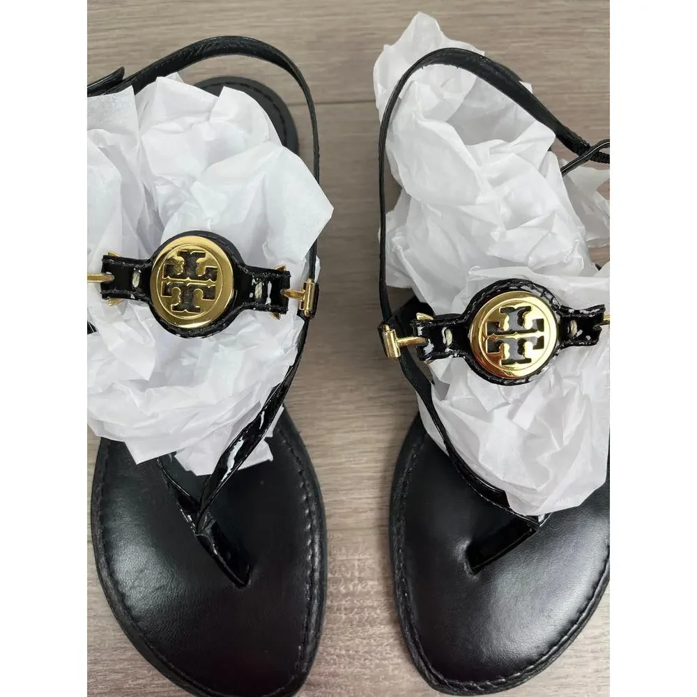 Tory Burch Black Patent Leather Ali Thong Sandal Sz.10